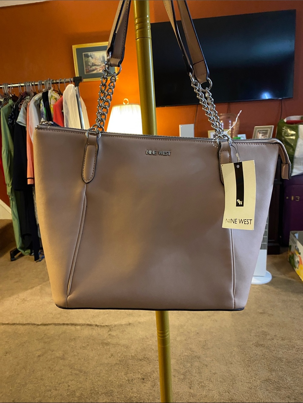 Nine West Taupe Chain-Accent Leather Tote